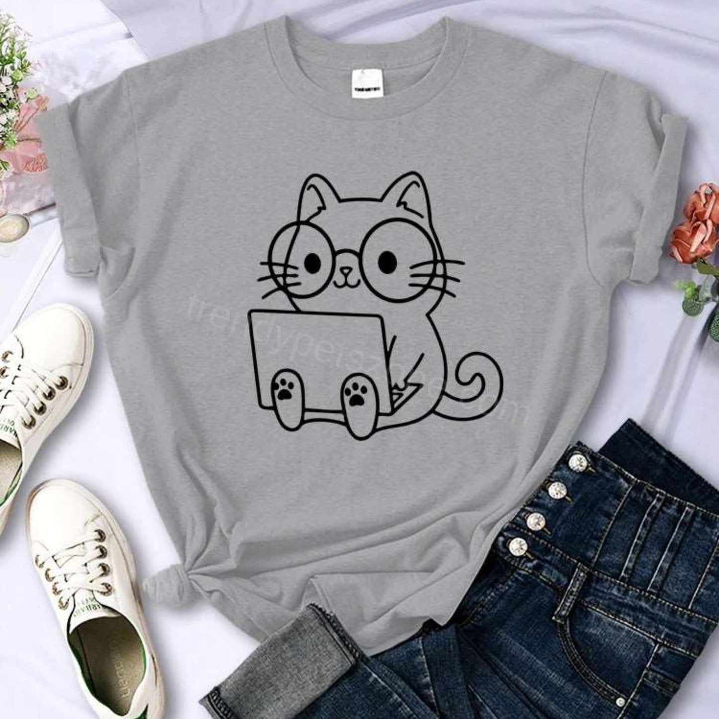 Gray Careful Study Of Work Cat Sketches Women T-Shirt Personality Trend Casual Tee Clothing Street Creative Tops Female Short Sleeve TrendyPet's Zone
