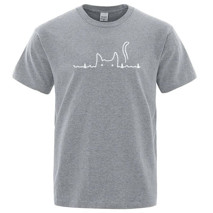 Gray Casual Men's T-Shirts Cat Cute Printed Summer Cotton O-Neck Short Sleeve Top Tee T-shirts - TrendyPet's Zone