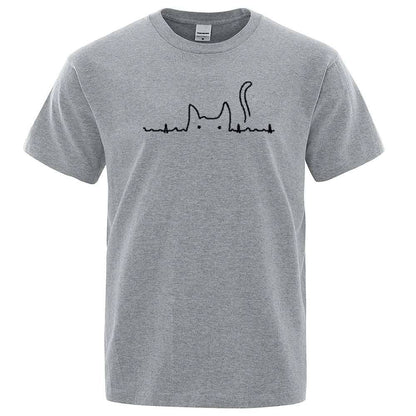 Gray Casual Men's T-Shirts Cat Cute Printed Summer Cotton O-Neck Short Sleeve Top Tee T-shirts - TrendyPet's Zone