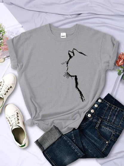 Gray Cat Funny Printed Women T-Shirt Fashion Casual Short Sleeve O-Neck Tee Clothing Summer Tops - TrendyPet's Zone