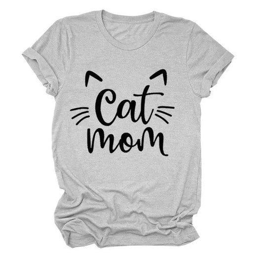 Gray "Cat Mom" Vivid Letter Print Women T-Shirt Short Sleeve O-Neck Loose Ladies Tee Tops Clothes - TrendyPet's Zone