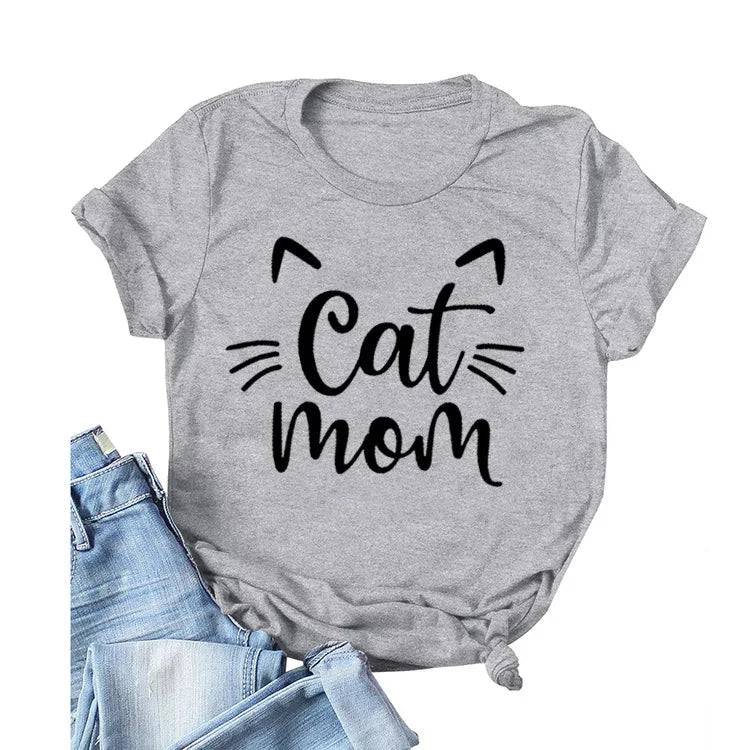 Gray "Cat Mom" Vivid Letter Print Women T-Shirt Short Sleeve O-Neck Loose Ladies Tee Tops Clothes - TrendyPet's Zone