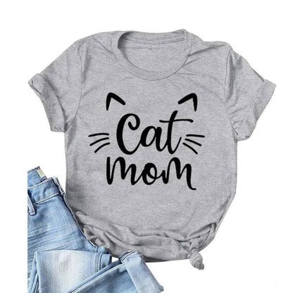 Gray "Cat Mom" Vivid Letter Print Women T-Shirt Short Sleeve O-Neck Loose Ladies Tee Tops Clothes - TrendyPet's Zone