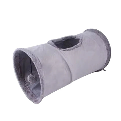 Gray plush foldable cat tunnel toy made of soft suede, designed for interactive play and fun for cats.