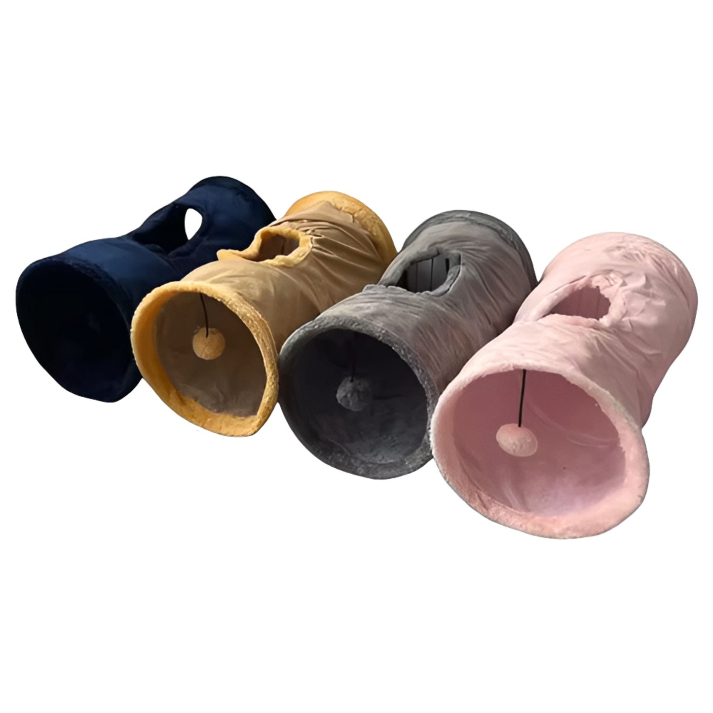 Pink plush foldable cat tunnel toy made of soft suede, ideal for playful and interactive fun for cats.