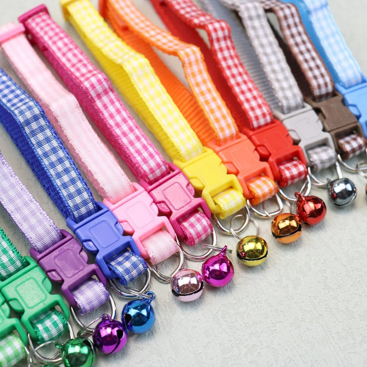 Light blue checkered striped pet collar with bell, adjustable nylon collar for cats and small dogs, by TrendyPet's Zone.