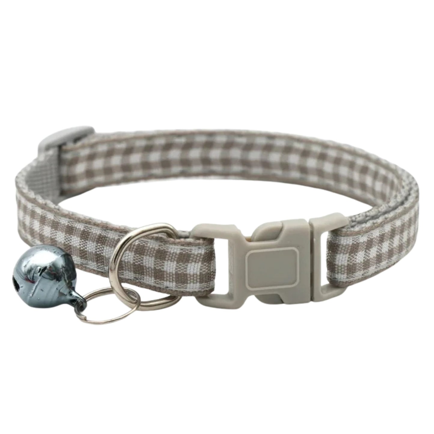 Gray checkered striped pet collar with a bell, adjustable nylon collar for cats and small dogs, featuring a secure buckle and metal ring.