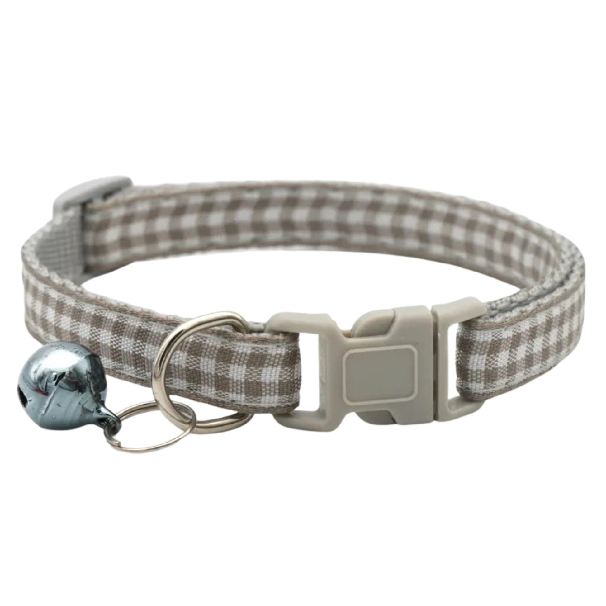 Gray checkered striped pet collar with a bell, adjustable nylon collar for cats and small dogs, featuring a secure buckle and metal ring.