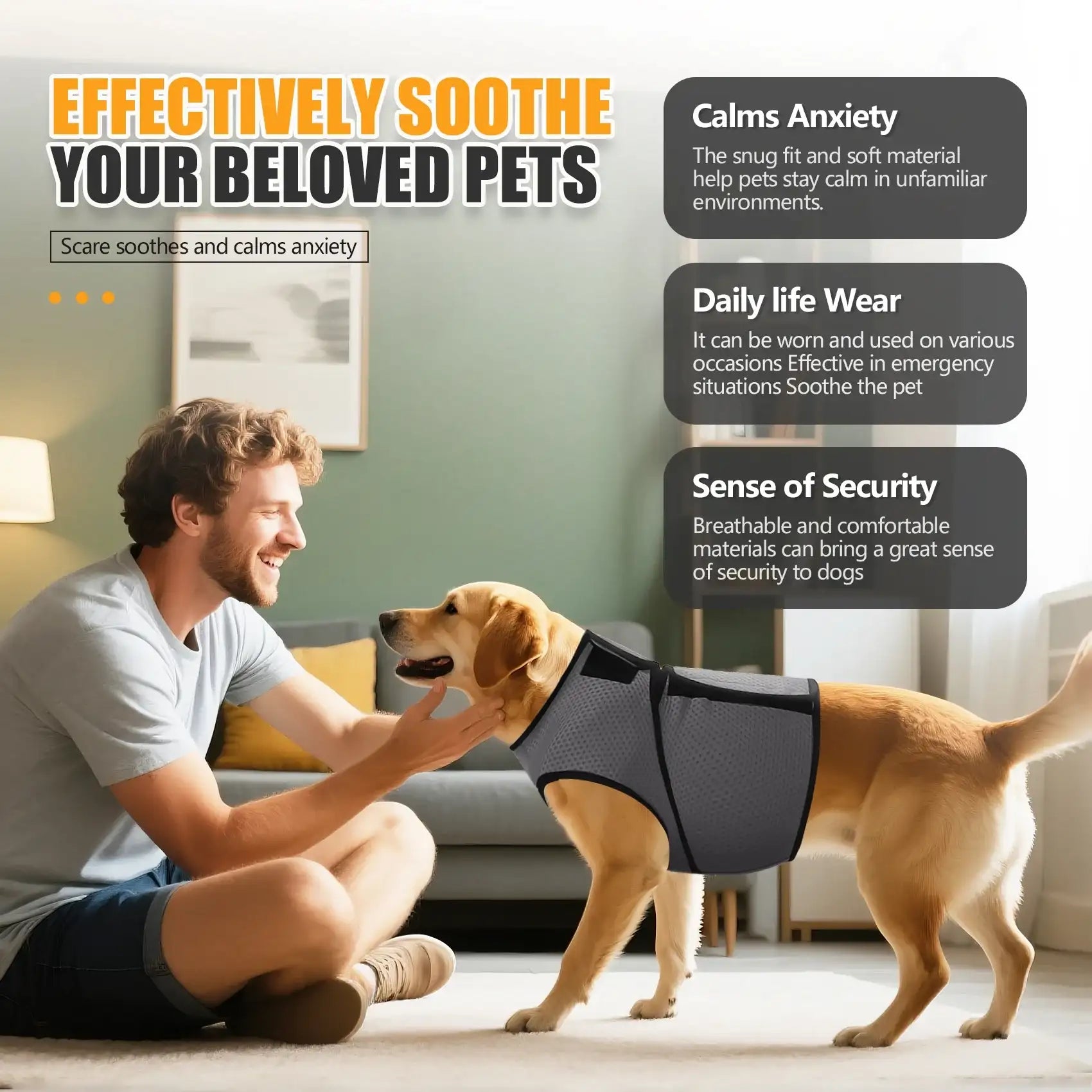 Gray dog anti-anxiety jacket by TrendyPet's Zone, calming coat designed for thunder relief and stress reduction in pets.