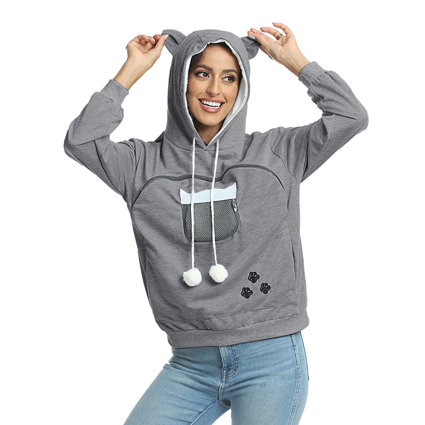 Gray High Quality Sweatshirt Cat Dog Lovers Hoodies Kangaroo Pet Paw Ears Cuddle Pouch Pullovers TrendyPet's Zone
