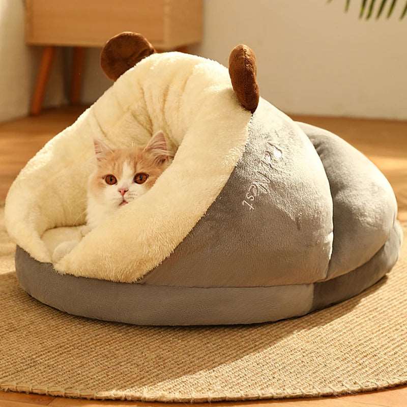 Gray Pet Kennel Cats House Semi Enclosed Winter Warm Thick Slippers Pads Soft And Washable Portable Nest - TrendyPet's Zone
