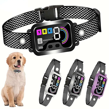 Gray smart anti-barking collar for small to large dogs, rechargeable with 4 training modes and 8 adjustable sensitivity levels.