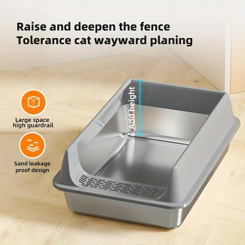 Black stainless steel cat litter box by TrendyPet's Zone, leak-proof and splash-proof, large size ideal for big cats.