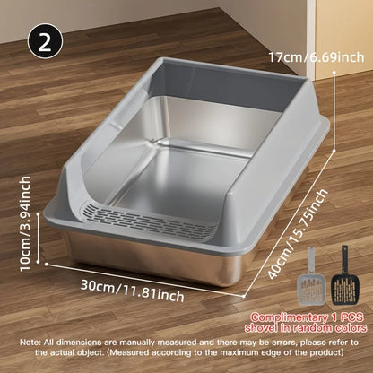 Gray stainless steel cat litter box by TrendyPet's Zone, leak-proof and splash-proof design, large size for big cats.