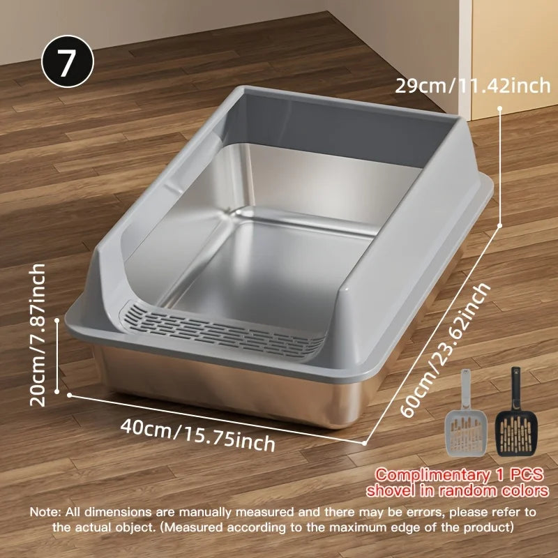 Gray stainless steel cat litter box by TrendyPet's Zone, leak-proof and splash-proof design, large size for big cats.