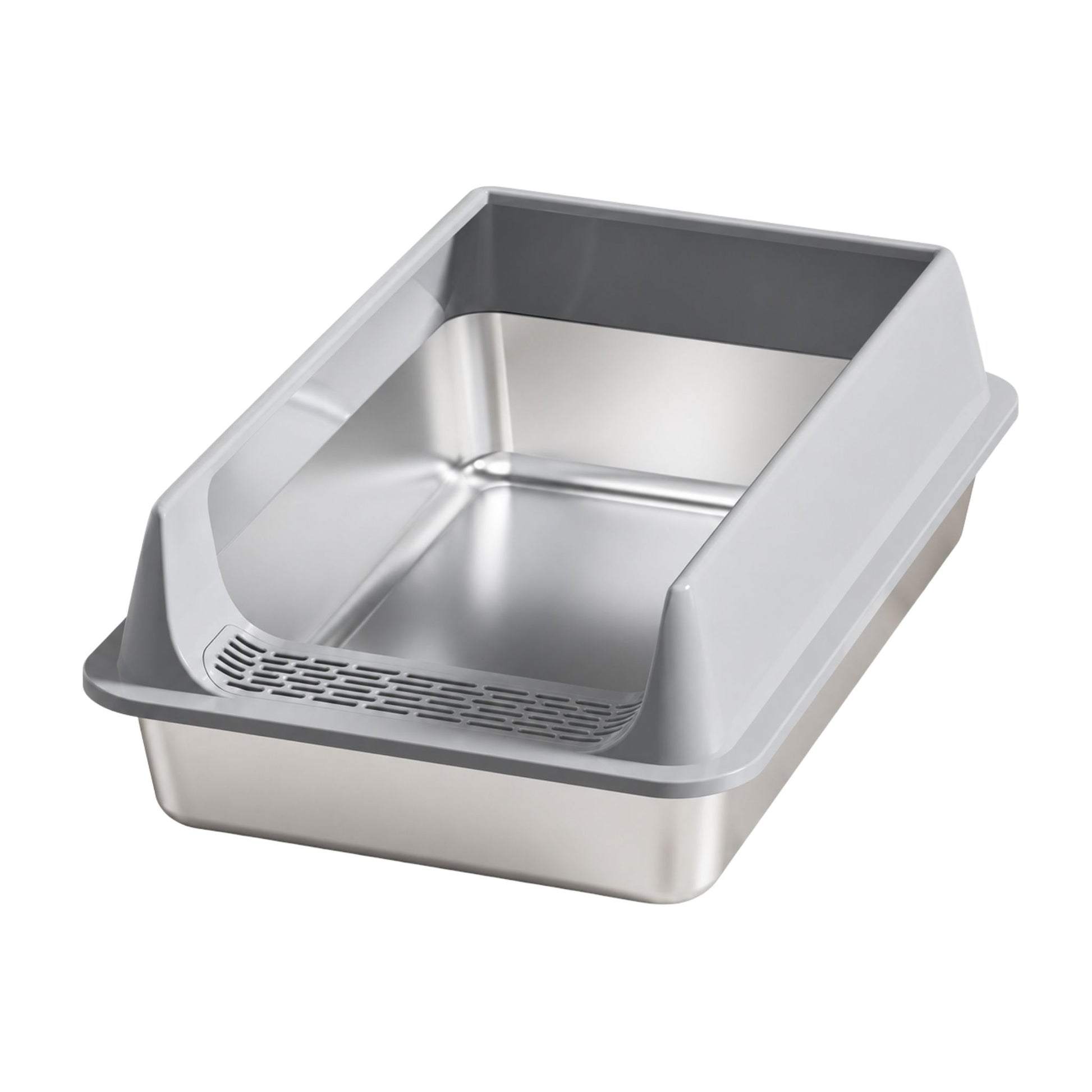 Gray stainless steel cat litter box by TrendyPet's Zone, leak-proof and splash-proof, large size for big cats.