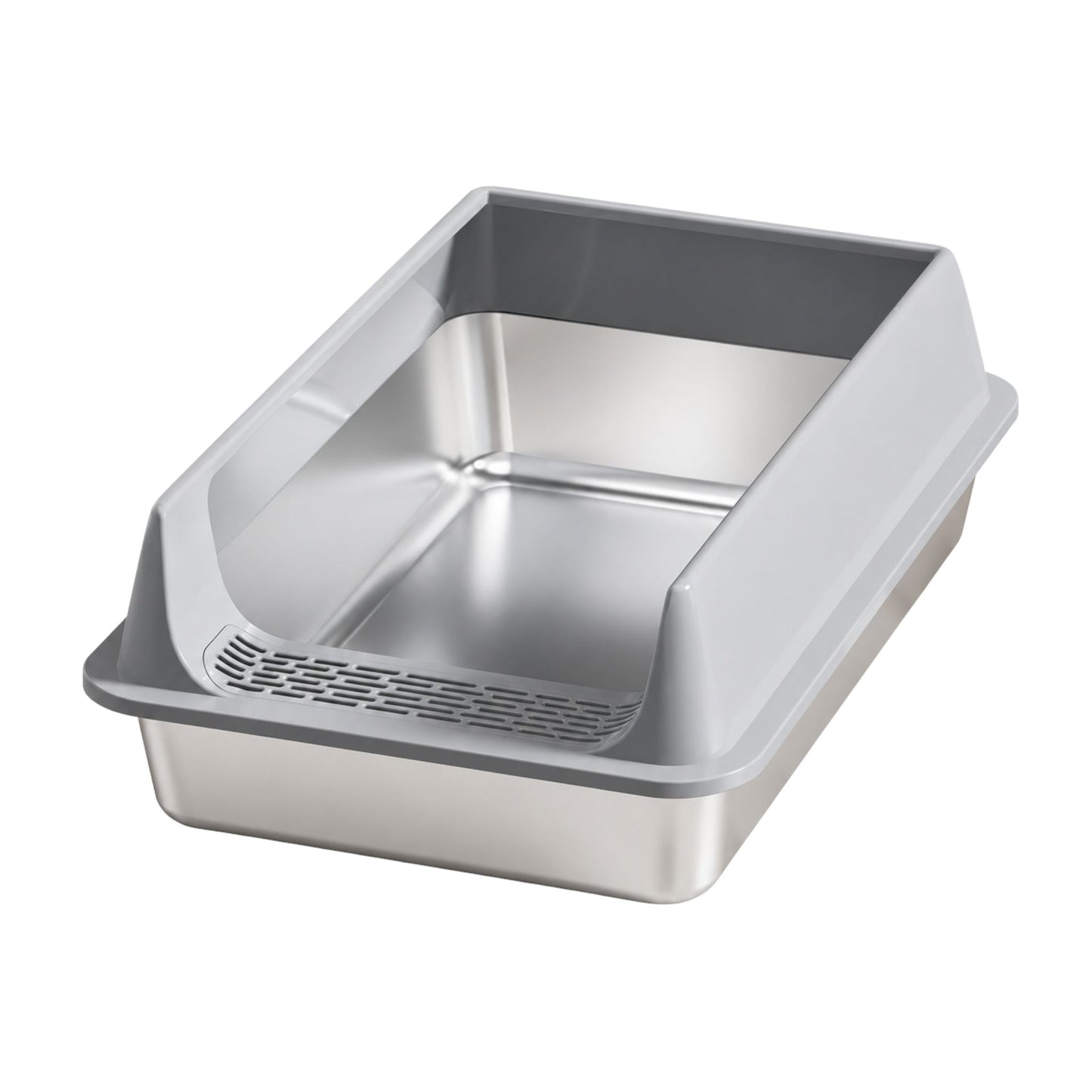 Gray stainless steel cat litter box by TrendyPet's Zone, leak-proof and splash-proof, large size ideal for big cats.