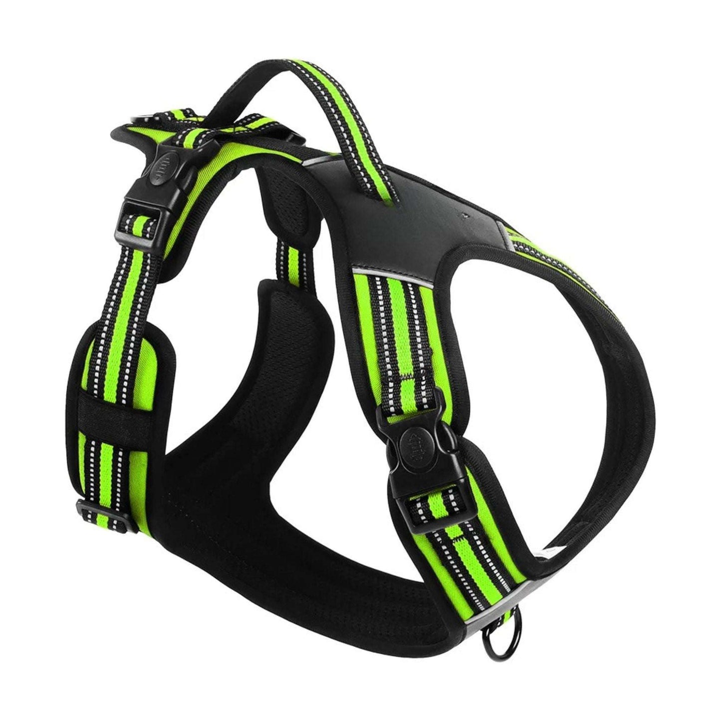 Green adjustable no-pull dog harness with reflective accents and soft padding, designed for comfort and control.