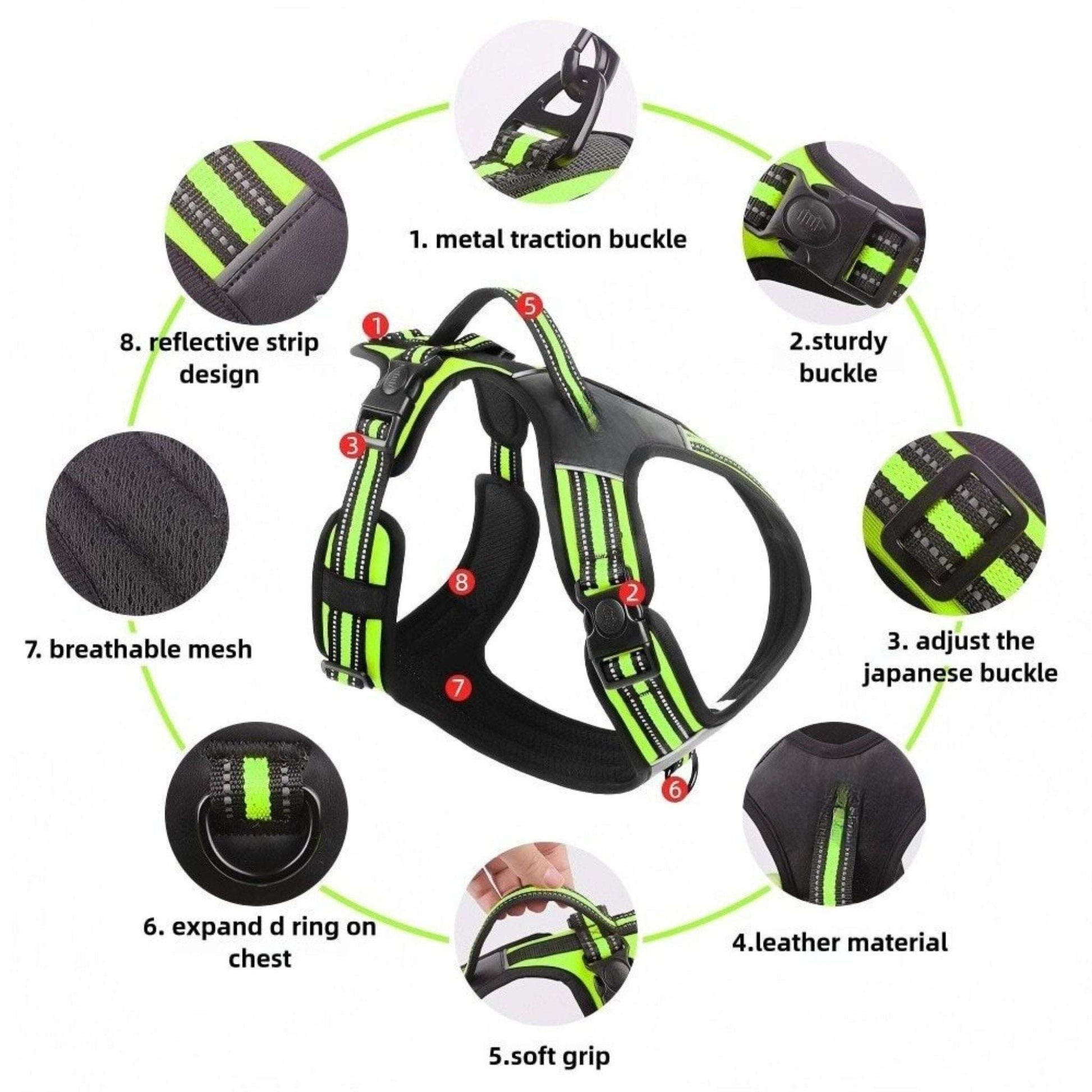 Green adjustable reflective no-pull dog harness with soft padding, suitable for training and walks, by TrendyPet's Zone.
