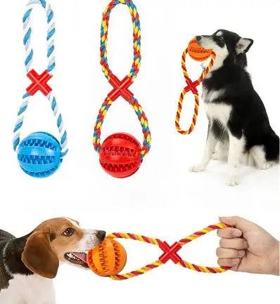 Green hemp rope treat toy with white and burgundy accents, interactive rubber ball for small dogs, chew-resistant and tooth cleaning.