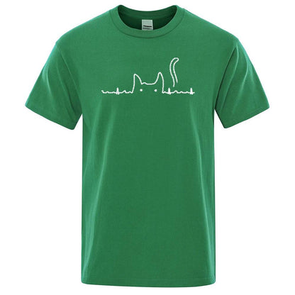 Green Casual Men's T-Shirts Cat Cute Printed Summer Cotton O-Neck Short Sleeve Top Tee T-shirts - TrendyPet's Zone