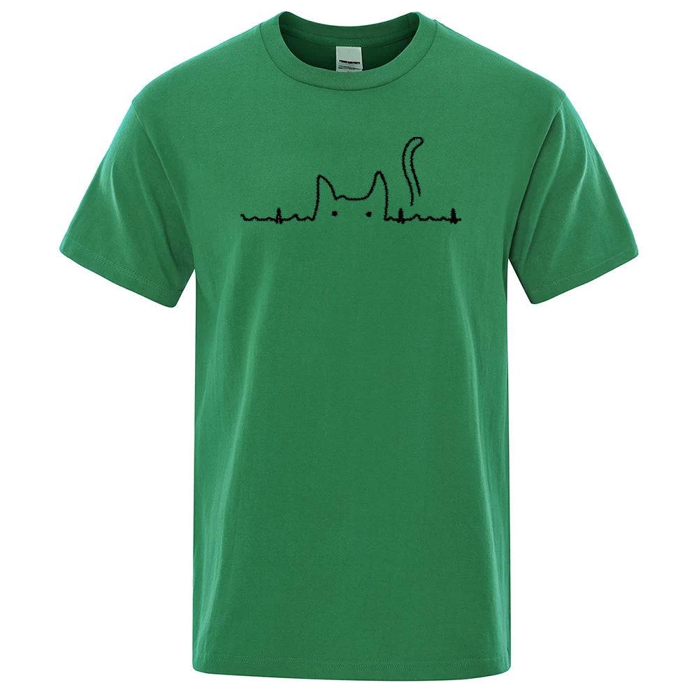 Green Casual Men's T-Shirts Cat Cute Printed Summer Cotton O-Neck Short Sleeve Top Tee T-shirts - TrendyPet's Zone