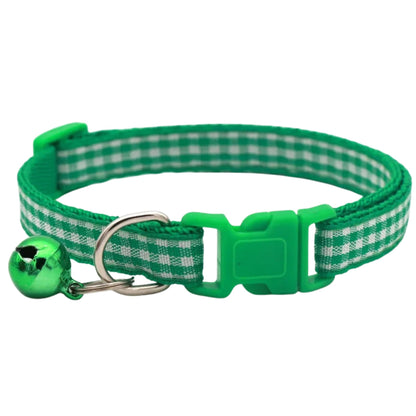 Green checkered striped pet collar with bell, adjustable nylon collar for cats and small dogs by TrendyPet's Zone.