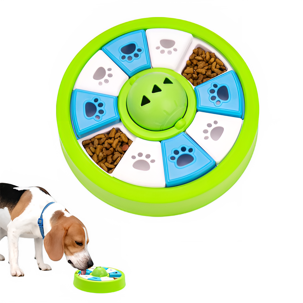 Green dog puzzle feeder toy by TrendyPet's Zone, featuring a slow eating bowl and treat dispenser for IQ training.