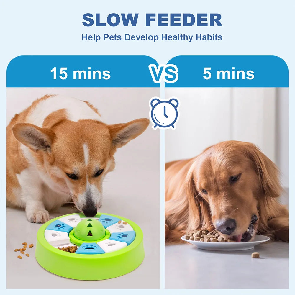 Green dog puzzle feeder toy by TrendyPet's Zone, featuring a slow eating bowl and treat dispenser for IQ training.