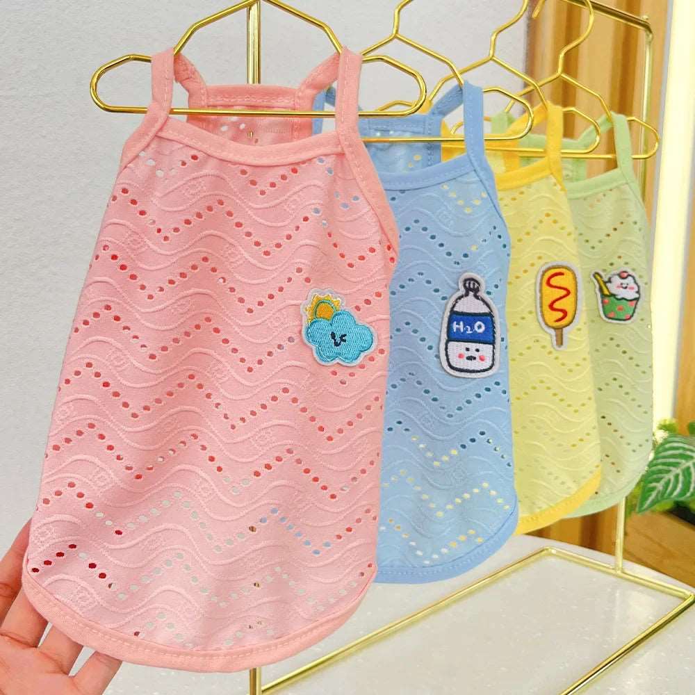 Green Dog Summer Clothes Cute Embroidery Striped Top Vest Breathable Puppy Sleeveless Shirt - TrendyPet's Zone