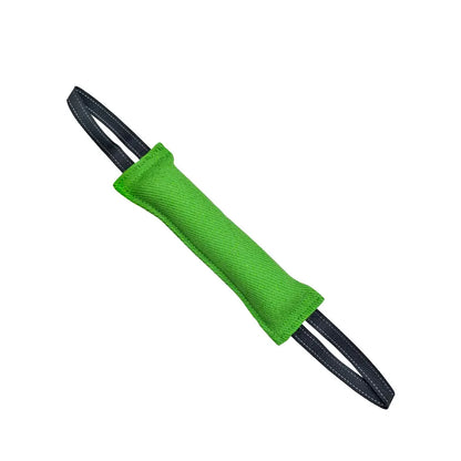 Green durable dog tug toy pillow for interactive training, made by TrendyPet's Zone, designed for engaging play and tug sessions.