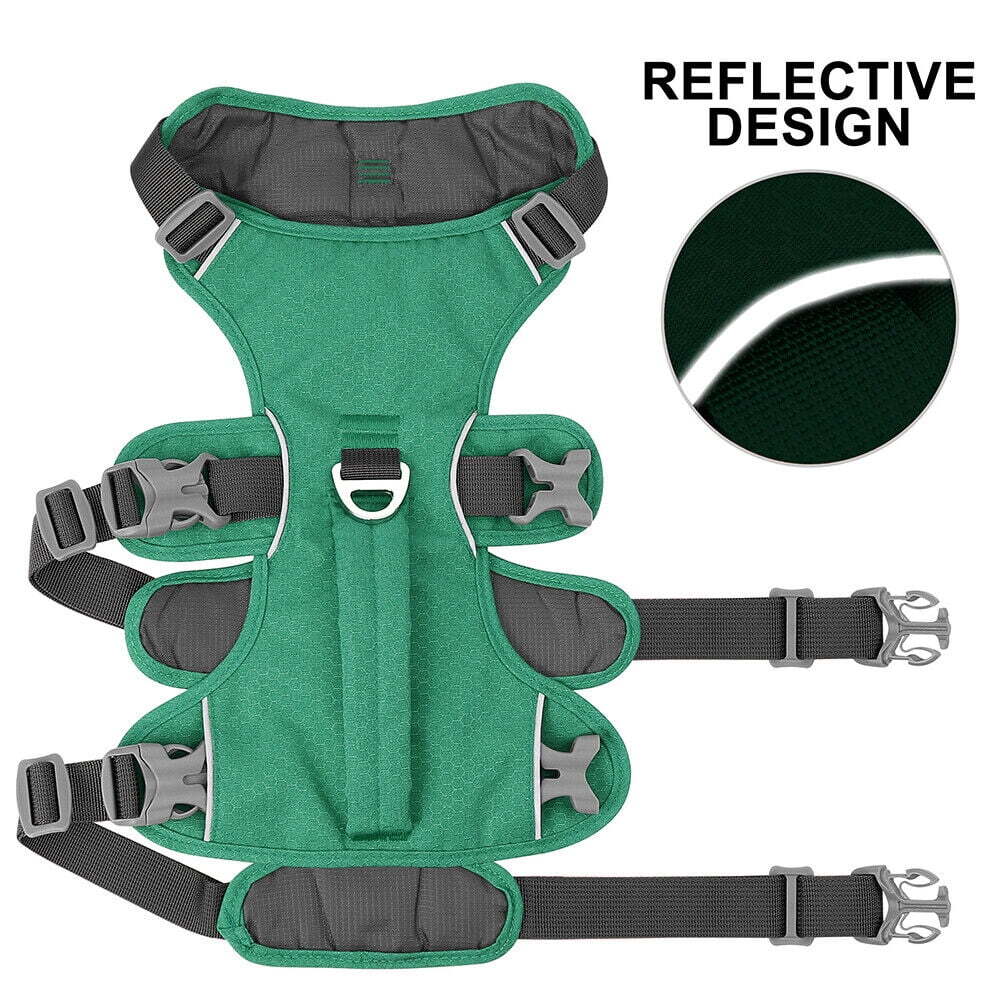 Green escape-proof reflective dog harness by TrendyPet's Zone, durable and adjustable for secure, comfortable outdoor walks.