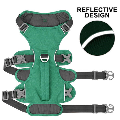 Green escape-proof reflective dog harness by TrendyPet's Zone, durable and adjustable for secure, comfortable outdoor walks.