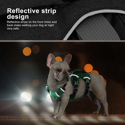 Green Escape-Proof Reflective Dog Harness by TrendyPet's Zone, durable and adjustable with reflective strips for safety during walks.