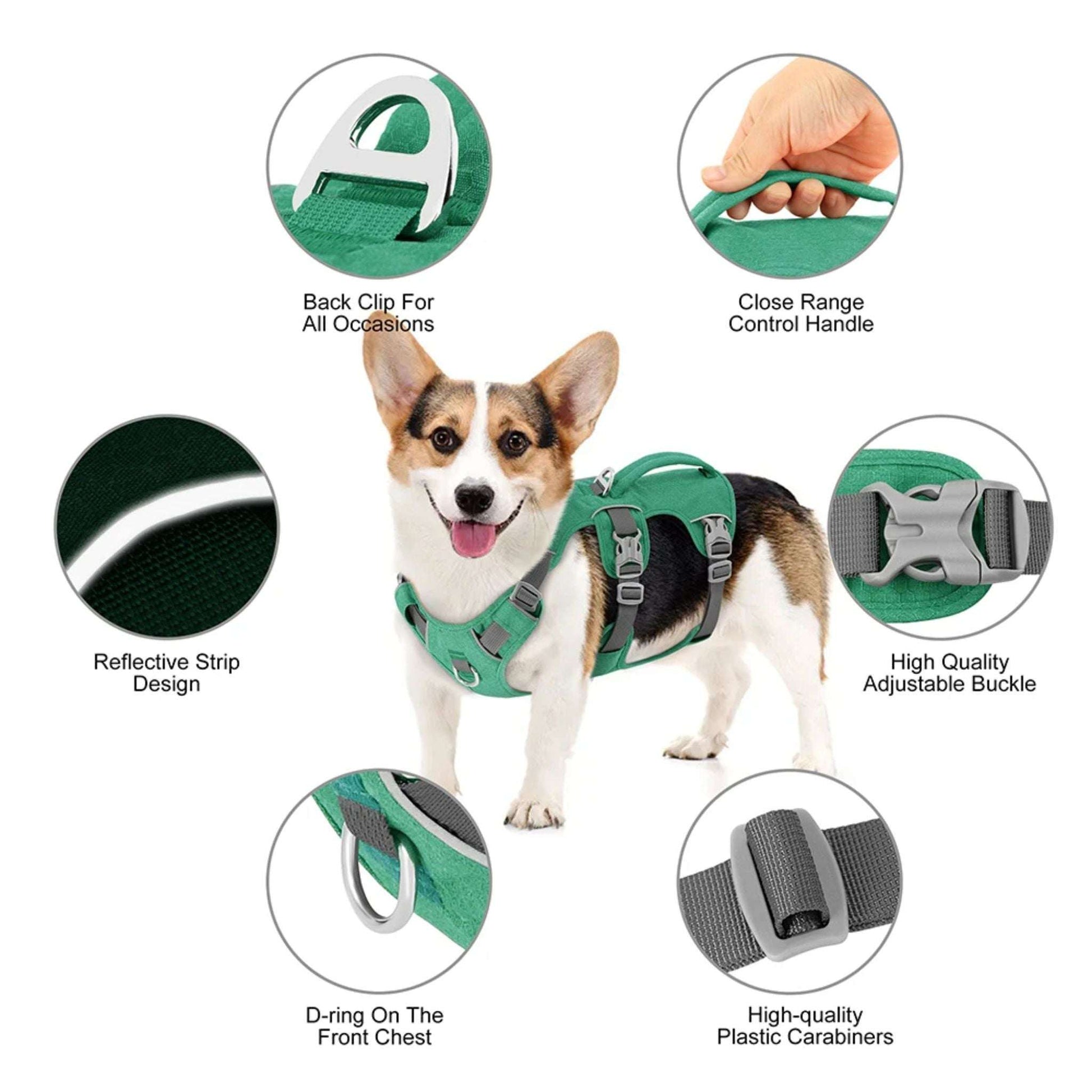Green Escape-Proof Reflective Dog Harness by TrendyPet's Zone, adjustable and durable for secure outdoor walks.