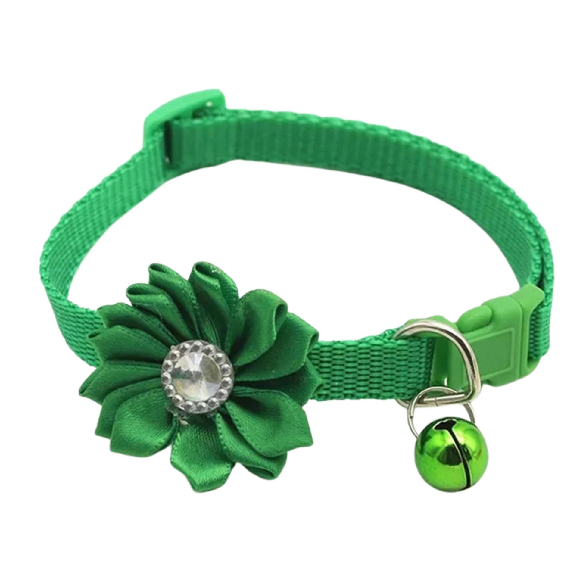 Green flower breakaway cat collar with bell, adjustable and comfortable, from TrendyPet's Zone, featuring a floral design and safety buckle.