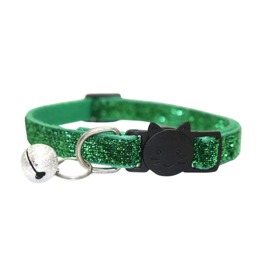 Green glitter cat collar with bell, cute cat face design, safety buckle, by TrendyPet's Zone, for stylish and safe feline accessories.