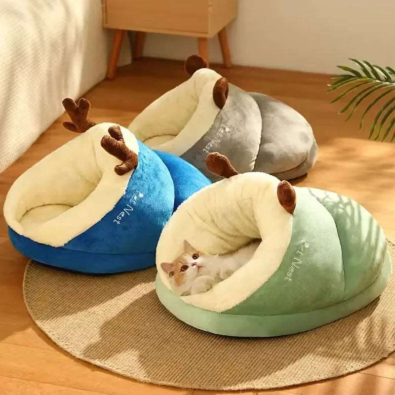 Green Pet Kennel Cats House Semi Enclosed Winter Warm Thick Slippers Pads Soft And Washable Portable Nest - TrendyPet's Zone