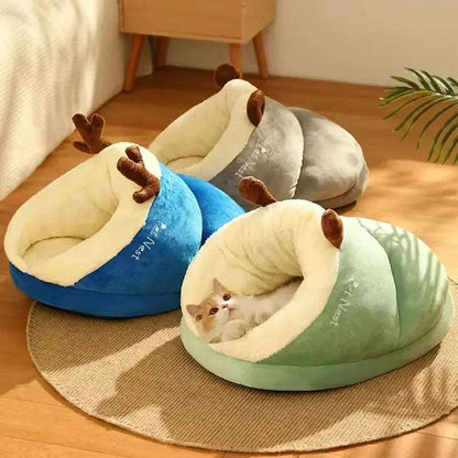 Green Pet Kennel Cats House Semi Enclosed Winter Warm Thick Slippers Pads Soft And Washable Portable Nest - TrendyPet's Zone