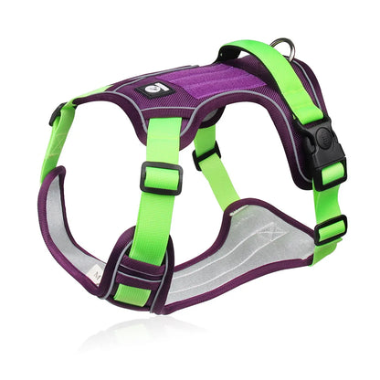 Green and purple adjustable tactical dog harness with handle, no-pull design, by TrendyPet's Zone, suitable for training and outdoor walks.