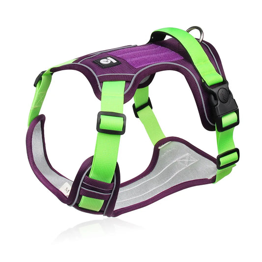 Green and purple adjustable tactical dog harness with handle, no-pull design, by TrendyPet's Zone, suitable for training and outdoor walks.