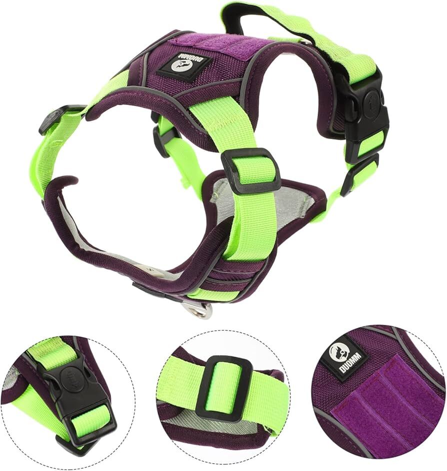 Green and purple adjustable tactical dog harness with handle, no-pull design by TrendyPet's Zone for secure control.