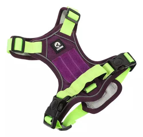 Green and purple adjustable tactical dog harness with handle, no-pull design, made by TrendyPet's Zone.