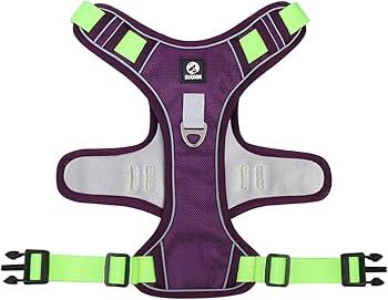 Green and purple adjustable tactical dog harness with handle, no-pull design by TrendyPet's Zone, suited for secure walking.