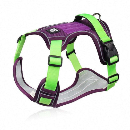 Green and purple adjustable tactical dog harness with handle, no-pull design by TrendyPet's Zone, suitable for active dogs.