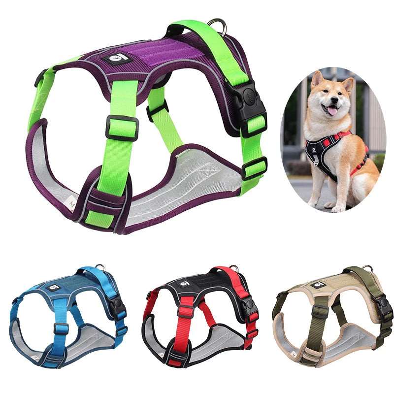 Green and purple adjustable tactical dog harness with handle, no-pull design by TrendyPet's Zone, suitable for active dogs.