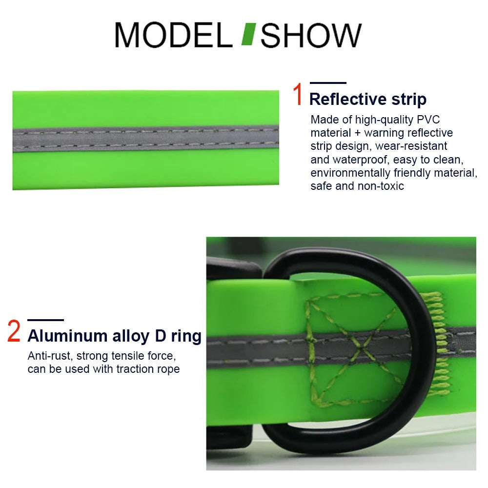 Green PVC dog collar with reflective stripe, anti-odor, adjustable, from TrendyPet's Zone for pet safety and comfort.