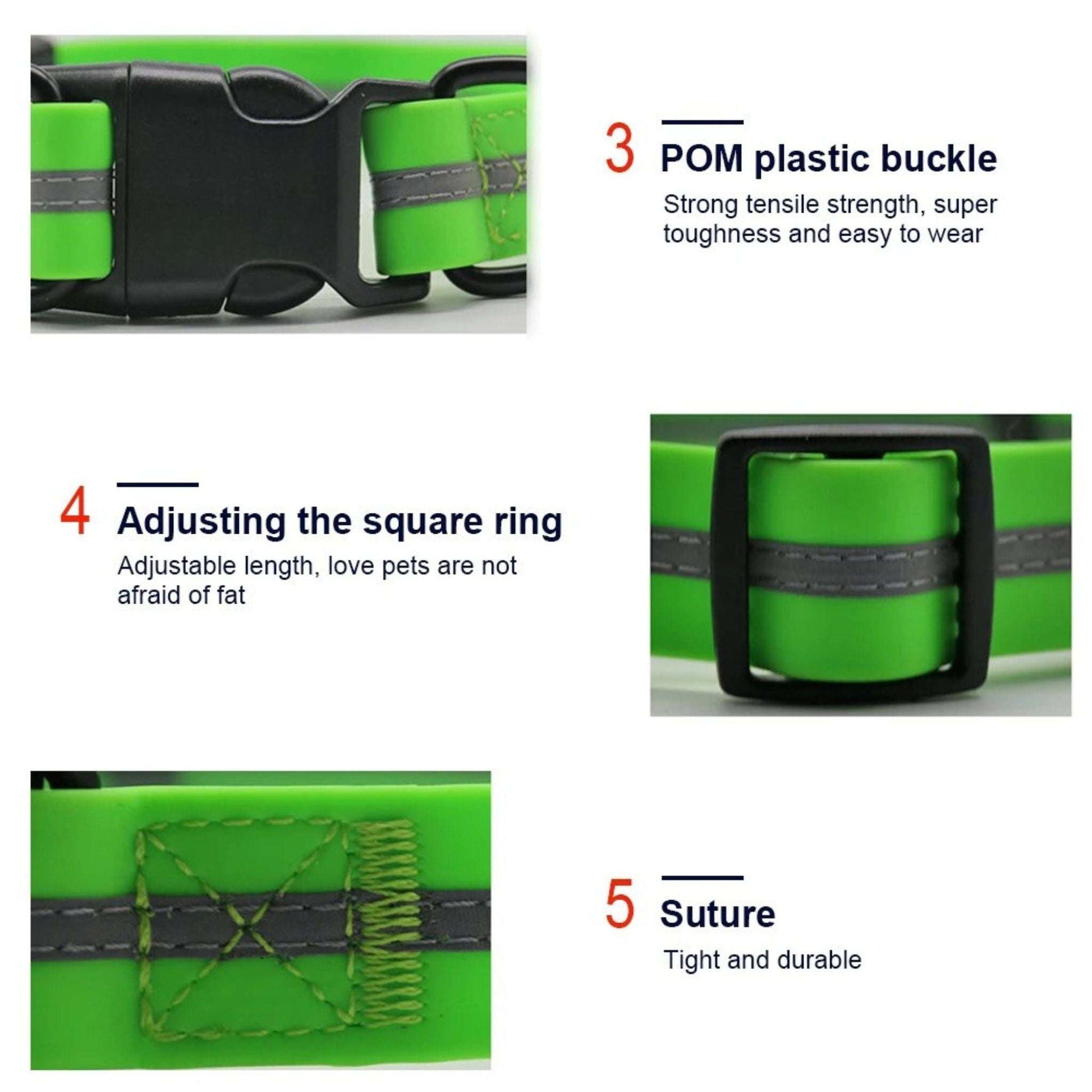 Green PVC dog collar with reflective stripe, anti-odor, adjustable fit, by TrendyPet's Zone.