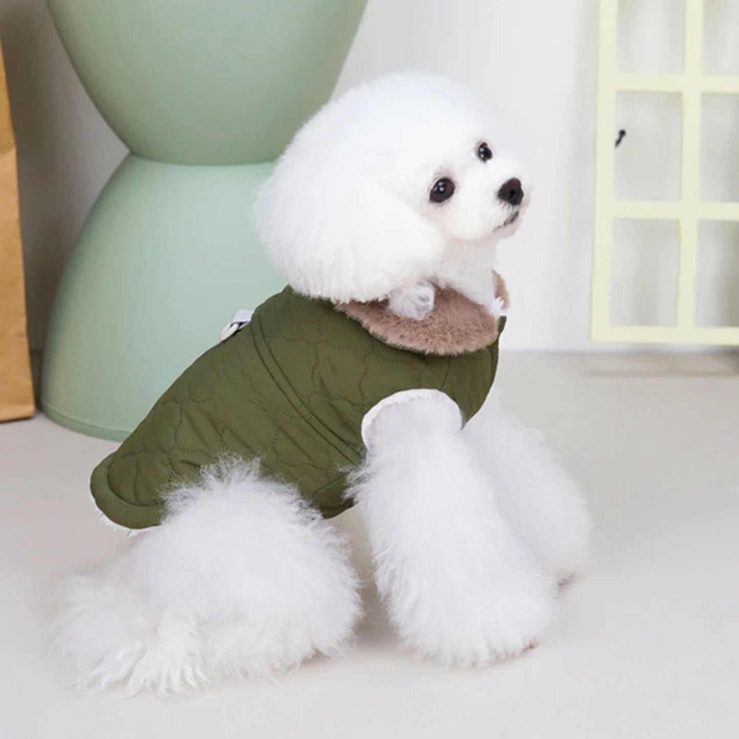 Green Quilted Dog Vest Jacket with Fur Collar Water-Resistant TrendyPet's Zone