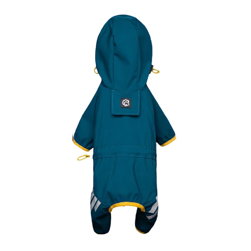 Green reflective waterproof dog raincoat stylish jumpsuit by TrendyPet's Zone, shown on a dog outdoors in a natural setting.